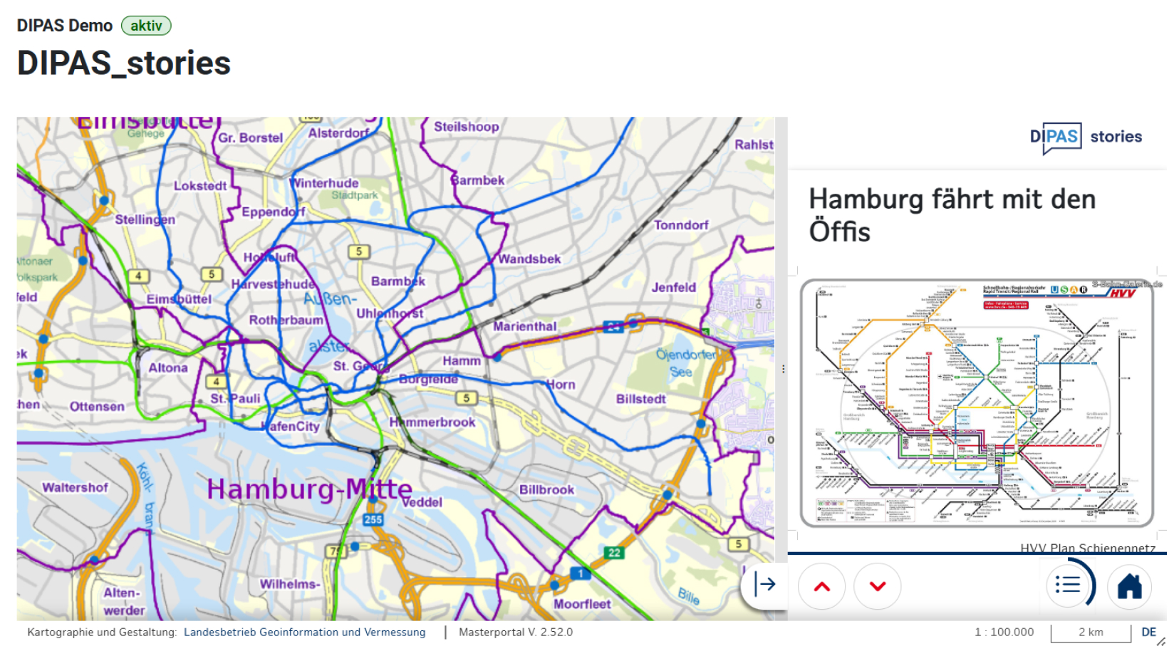 Screenshot map of public transport in Hamburg