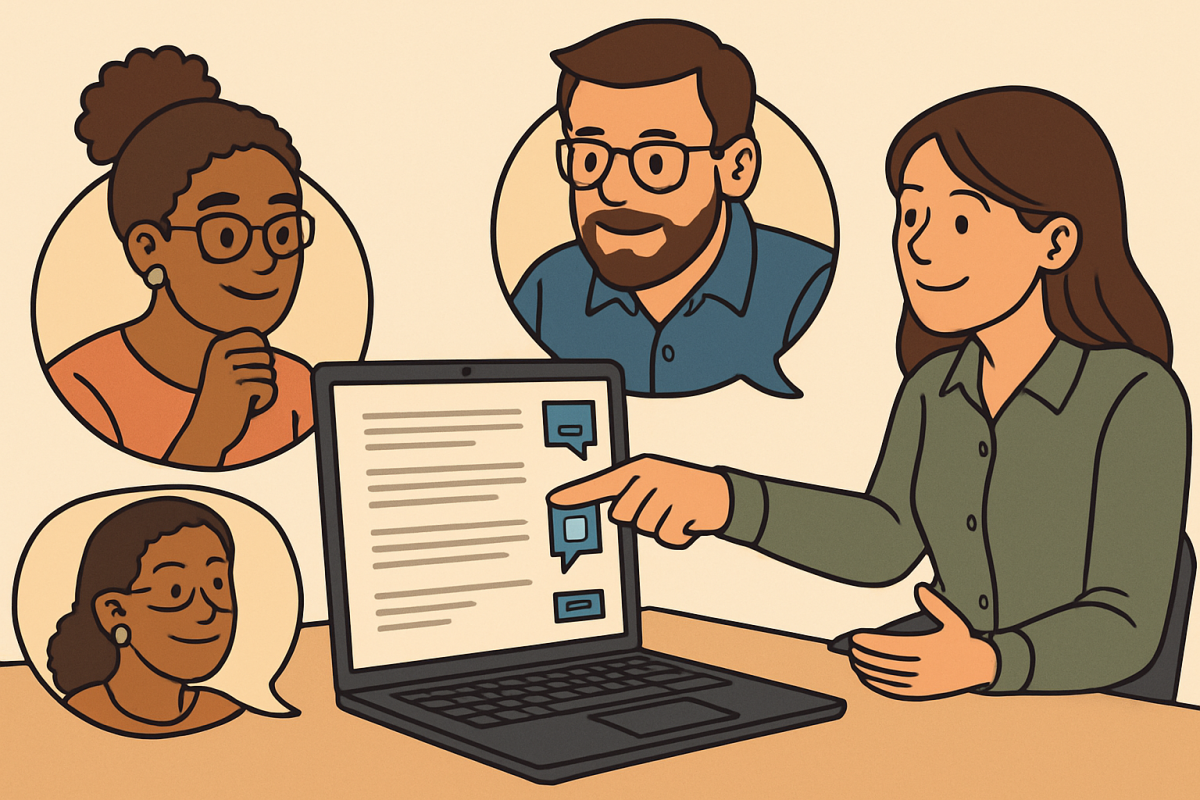 Vier Personen diskutieren am Laptop einen Text