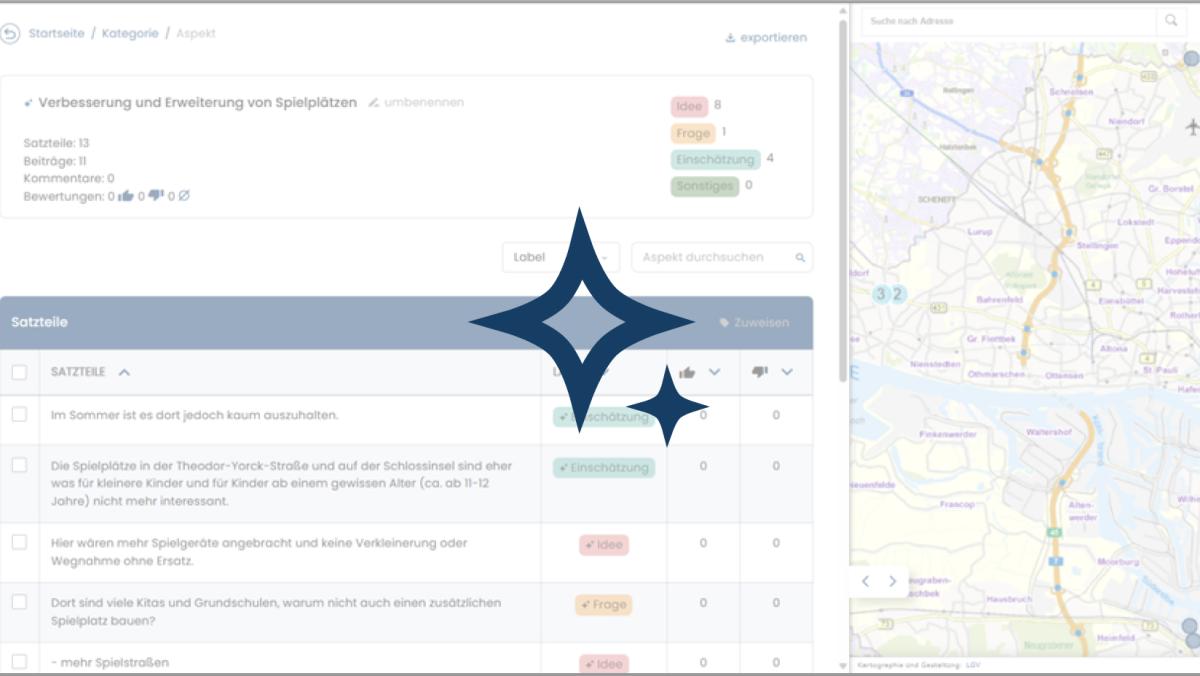 Screenshot Website mit geclusterten Inhalten und Karte